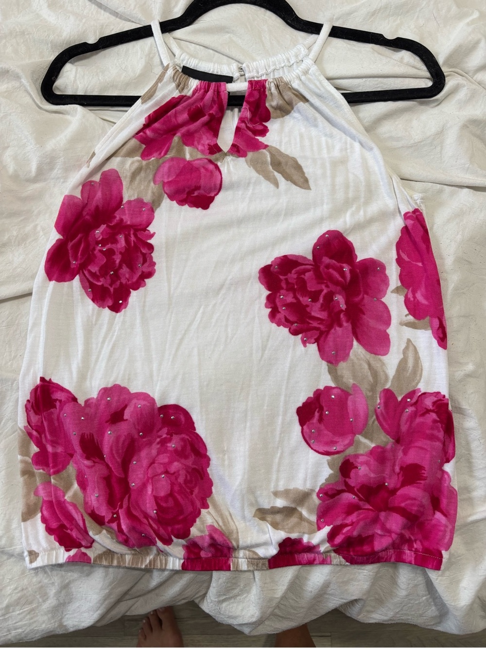 INC International Concepts White Halter Tank Top with Fuchsia Floral Print